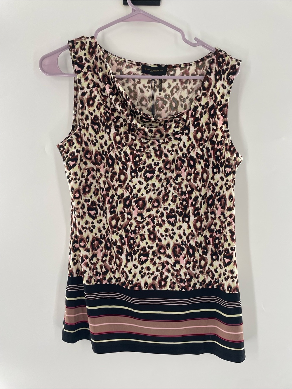 Donna Karan Pink Leopard Print Asymmetrical Neck Sleeveless Top Women’s Suiting
